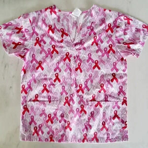 Just Love Scrub Top Women's Size Small Pink Breast Cancer Print V- Neck Shirt